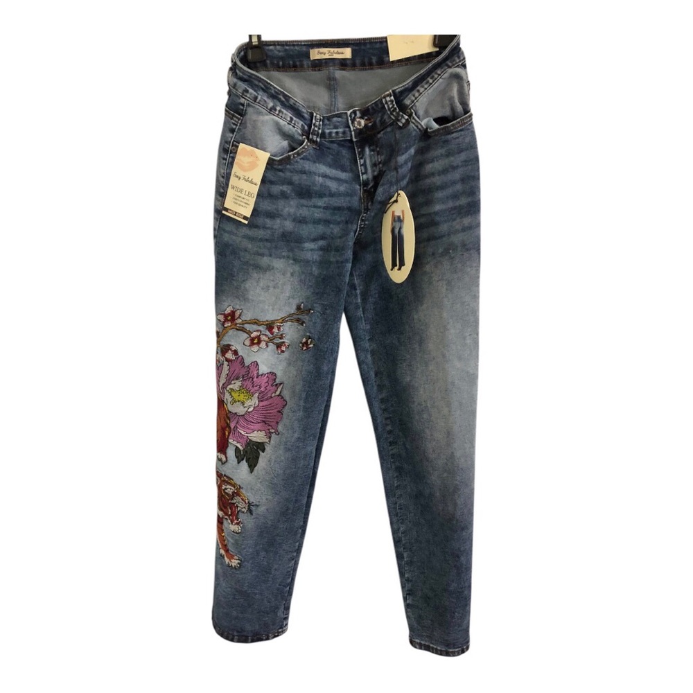 Red Tiger jungle cat Asian florals look embroidered jeans‎ size 9 brand new - Picture 6 of 10